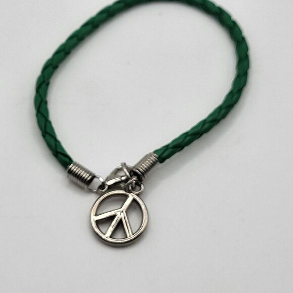 Vintage Peace Bracelet Green Braided Cord 8in - Picture 2 of 3